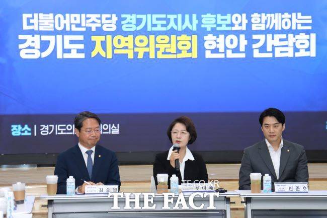 추미애 더불어민주당 경기도지사 후보가 29일 오전 경기도의회 대회의실에서 열린 '경기도지사 후보와 함께하는 경기도 지역위원회 현안 간담회'에 참석해 발언하고 있다. /이승호 기자