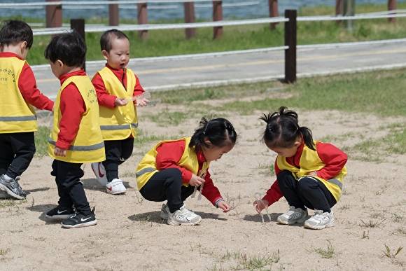 칠곡보 생태공원에서 칠곡군 어린이들이 플로깅을 하며 쓰레기를 줍고 있다 [사진=경북과학대]