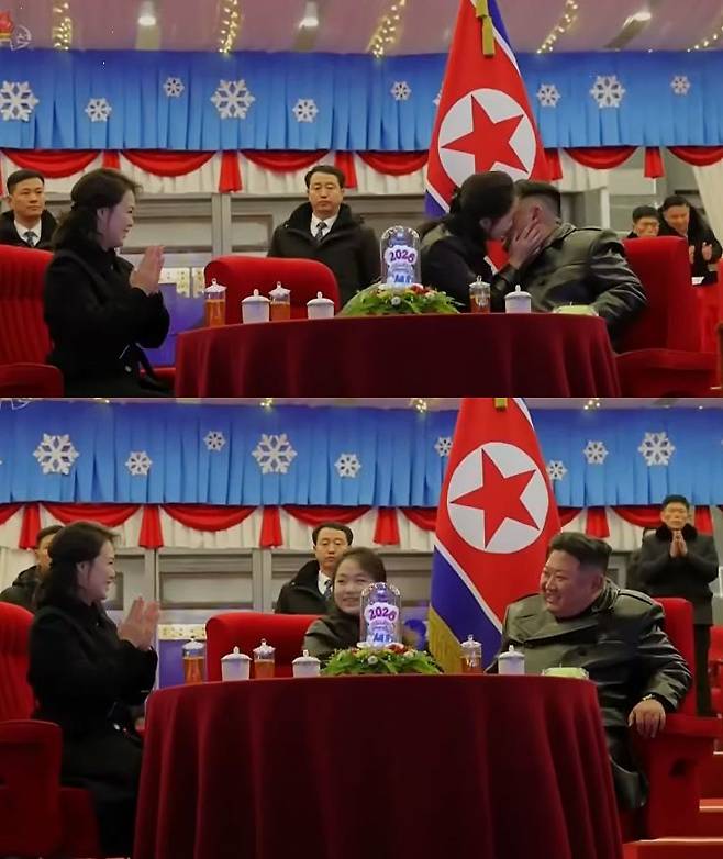 올해 1월 1일 평양 5월1일경기장에서 열린 신년 경축공연에서 새해 카운트다운이 끝나자 김정은 북한 국무위원장의 딸 주애가 김 위원장 볼에 입을 맞추고 있다(위). 이후 주애는 자신의 오른쪽에 앉은 어머니 이설주를 향해 고개를 돌렸다. 조선중앙TV 화면 캡처, 연합뉴스