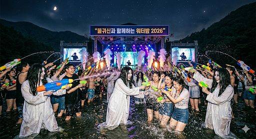 온라인 커뮤니티에 올라온 '물귀신과 함께하는 워터밤 2026' 이미지. 영화 흥행 후 실제 살목지를 찾는 이들이 늘어나면서 이를 패러디한 합성 이미지가 등장하기도 했다. 사진 온라인커뮤니티