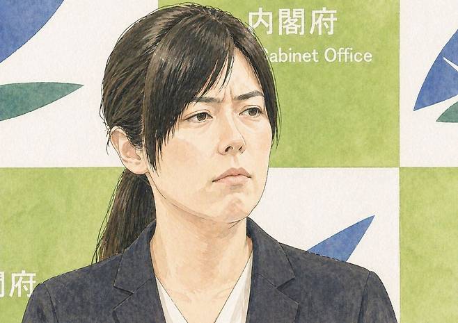 일본 내각부 오노다 기미 특명담당대신이 28일 기자회견장에서 한 기자의 질문을 들으며 눈살을 찌푸린 모습. 실제 방송 장면을 생성형 인공지능(AI)으로 일러스트화한 이미지입니다.