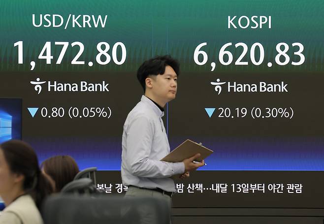 29일 오전 서울 중구 하나은행 본점 딜링룸에서 딜러가 업무를 보고 있다. [연합뉴스]