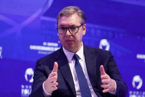 지난 24~26일 프랑스 샹티이에서 열린 제18회 세계정책콘퍼런스(WPC)에 참석한 알렉산다르 부치치 세르비아 대통령이 발언을 하고 있다. WPC 사무국