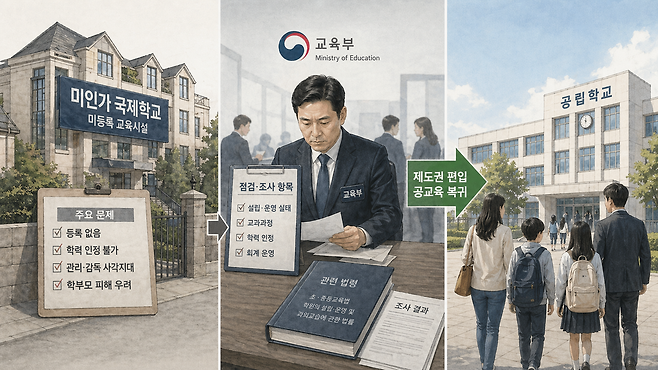 교육부가 ‘미인가 국제학교’ 등 불법 미인가·미등록 교육시설에 대한 본격 단속에 나선다. 사진은 기사를 분석해 AI가 제작한 그림. [챗GPT를 통해 제작]