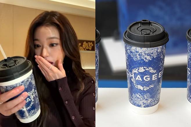 걸그룹 아이브의 장원영이 중국 밀크티 브랜드 차지의 음료를 먹고 놀라는 모습. 오른쪽은 지난 28일 서울 서초구&nbsp;차지 강남플래그십점에 진열된 차지 밀크티 제품.&nbsp;사회관계망서비스(SNS) 캡처·김수연 기자