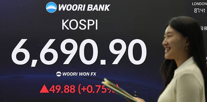 코스피가 사흘 연속 종가 기준 최고치 행진을 이어가고 있는 29일 서울 중구 우리은행 본점 딜링룸 현황판에 코스피가 표시되고 있다. ⓒ연합뉴스