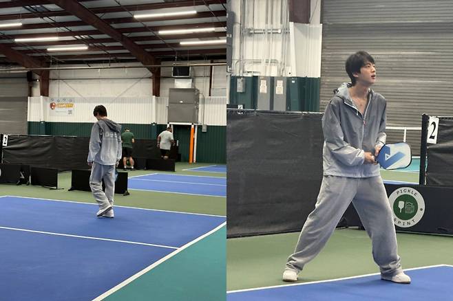 '비주얼 천재' 방탄소년단 진, 운동도 천재..피클볼 치는 모습에 전 세계 팬들 '환호'