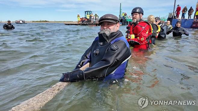 바지선으로 혹등고래 유도하는 구조팀  포엘섬 앞 발트해 얕은 바다에서, 민간 주도로 조직된 구조팀이 고립된 혹등고래를 바지선 안으로 유도하고 있다. [로이터=연합뉴스] 2026.4.29.