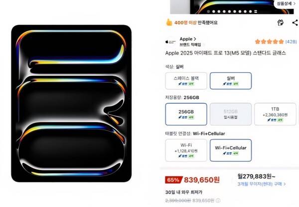 쿠팡에서 240만원 상당의 애플 '아이패드 프로 13인치 M5' 모델이 80만원대에 노출되는 일이 벌어졌다. 쿠팡 갈무리