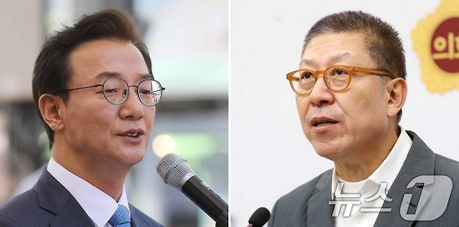 전재수 더불어민주당 부산시장 후보(왼쪽)와 박형준 국민의힘 부산시장 후보가 27일 구포시장에서 열린 '북구 주민 감사 인사' 행사와 부산시의회 브리핑룸에서 열린 6·3 지방선거 부산시장 출마 선언 기자회견에서 각각 발언을 하고 있다. 2026.4.27 ⓒ 뉴스1 윤일지 기자