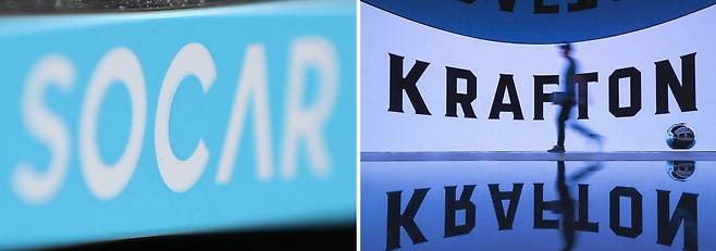 주차장에 대기중인 쏘카 차량 번호판 일부 모습(왼쪽)과 크래프톤 역삼오피스. 뉴스1·크래프톤 제공