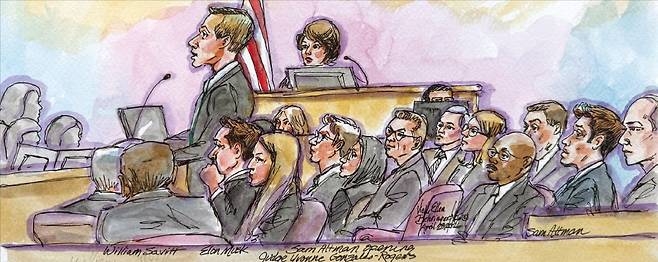 < 법정서 만난 빅테크 ‘앙숙’ > 일론 머스크 테슬라 최고경영자(CEO)와 샘 올트먼 오픈AI CEO가 28일(현지시간) 미국 오클랜드 캘리포니아 북부연방지방법원에서 열린 재판에 출석했다. 재판장 내부를 재구성해 그린 모습.   /로이터연합뉴스