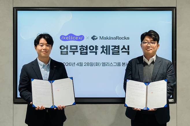 전현욱(왼쪽) 엘리스그룹 클라우드 영업이사와 김민성 마키나락스 국방사업본부장이 MOU 체결 후 기념촬영을 하고 있다. 사진 제공=엘리스그룹