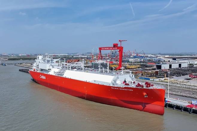 중국초상국그룹 자회사인 차이나머천츠중공업이 지난 27일 인도한 액화천연가스(LNG)운반선 ‘셀시우스 조지타운’호. 사진제공=난퉁출입국사무소