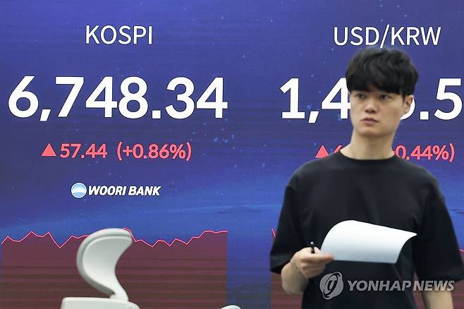 상승세 이어가는 코스피…6,700선 돌파해 장중 최고치 경신 (서울=연합뉴스) 서대연 기자 = 30일 서울 중구 우리은행 본점 딜링룸 현황판에 코스피가 표시돼 있다.
    이날 코스피는 전 거래일 대비 48.49p(0.72%) 오른 6,739.39로 출발해 장중 6,750선까지 오르며 최고치를 경신했다. 2026.4.30 dwise@yna.co.kr