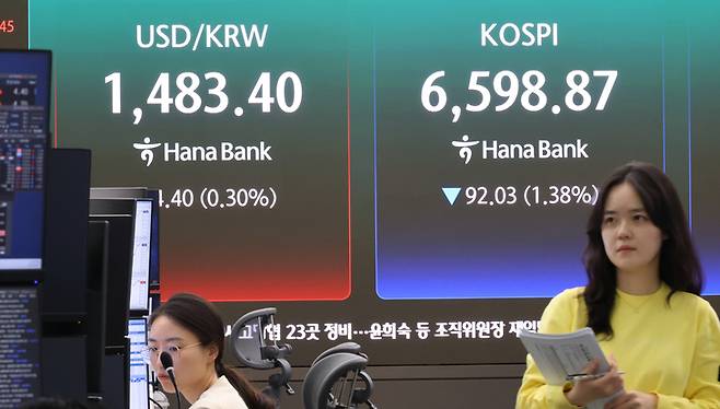 ▲30일 서울 중구 하나은행 본점 딜링룸에 지수가 표시되고 있다.