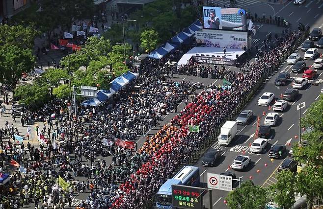 광화문에서 모인 민주노총. ⓒ 연합뉴스