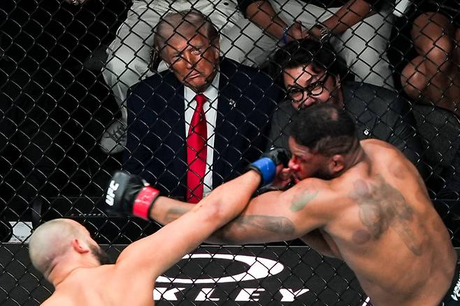 <yonhap photo-2426="">이란과의 휴전 협상 중이었던 4월 17일 미국 종합격투기 UFC 대회를 관람한 트럼프 대통령. 연합뉴스</yonhap>