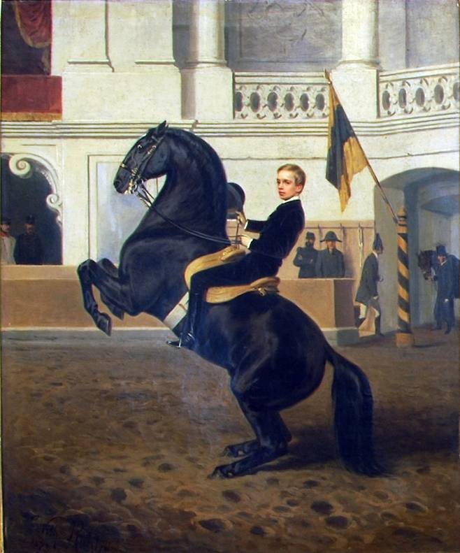빌헬름 리히터, 스페인 승마 학교에서 말을 타고 있는 루돌프 황태자(15세 무렵), 1873, 캔버스에 유채