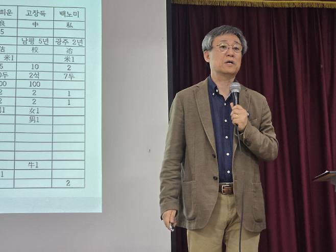 정민 한양대 명예교수가 다산의 천재성에 대해 도표로 설명하고 있다.               사진=한성일 기자
