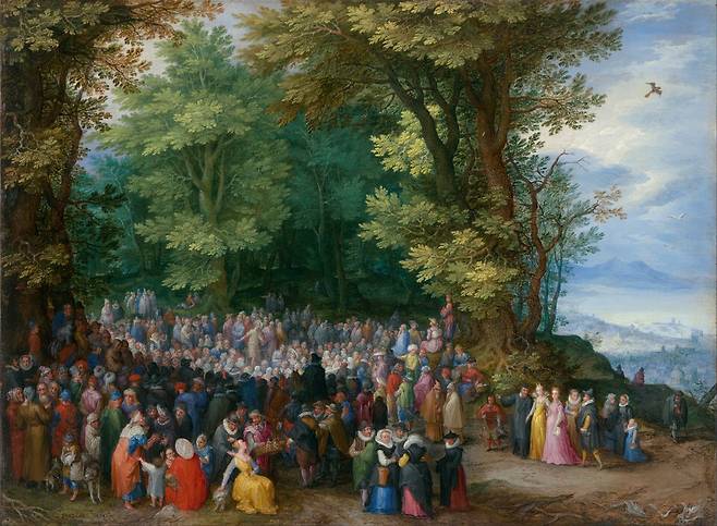 얀 브뤼헐(Jan Brueghel the Elder, 1568–1625), 산상설교(The Sermon on the Mount), 1598년, 동판 유화(oil on copper), 26.7 × 36.8 cm, 미국 로스앤젤레스 J. 폴 게티 미술관(J. Paul Getty Museum) 소장. 사진 출처 위키미디어공용