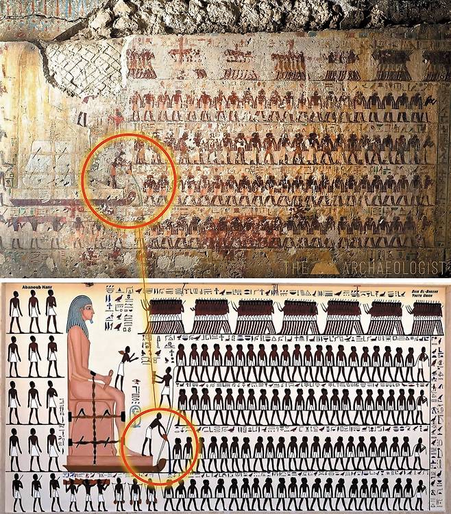 기원전 19세기 이집트 지방 총독의 무덤에서 나온 벽화. 172명이 밧줄로 썰매를 끌어 거대한 조각상을 운반하고 있다. 썰매 앞쪽에 서 있는 사람(붉은색 원 안)은 모래에 물을 뿌리고 있다. /네덜란드 암스테르담대