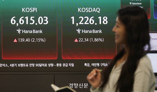 국내 증시 시가총액이 사상 처음으로 6000조원을 넘어선 지난달 27일 서울 중구 하나은행 딜링룸에 관련 지수가 표시되어 있다. 2026.4.27 권도현 기자