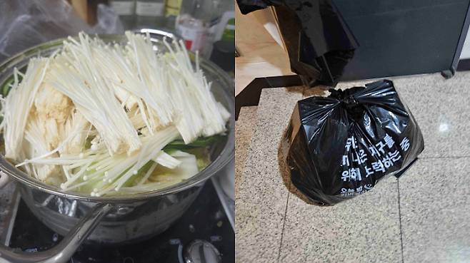 서울에서 자취하는 직장인 김현정(가명·28)씨가 만든 배추찜(왼쪽)과 다 쓰지 못하고 남은 재료와 음식이 쌓여 버린 쓰레기(오른쪽). 김씨 제공