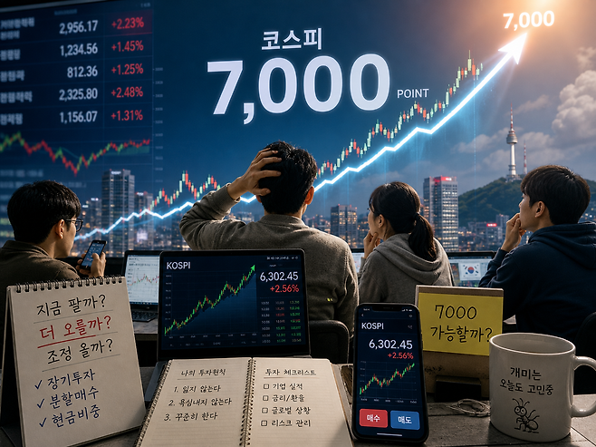 코스피 7000을 앞두고 고민에 빠진 개인투자자들. 챗GPT 생성 이미지