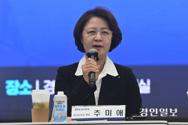 추미애 더불어민주당 경기도지사 후보가 29일 경기도의회 대회의실에서 열린 민주당 경기도 지역위원회 현안 간담회에서 인사말을 하고 있다. 2026.4.29 /최은성기자 ces7198@kyeongin.com
