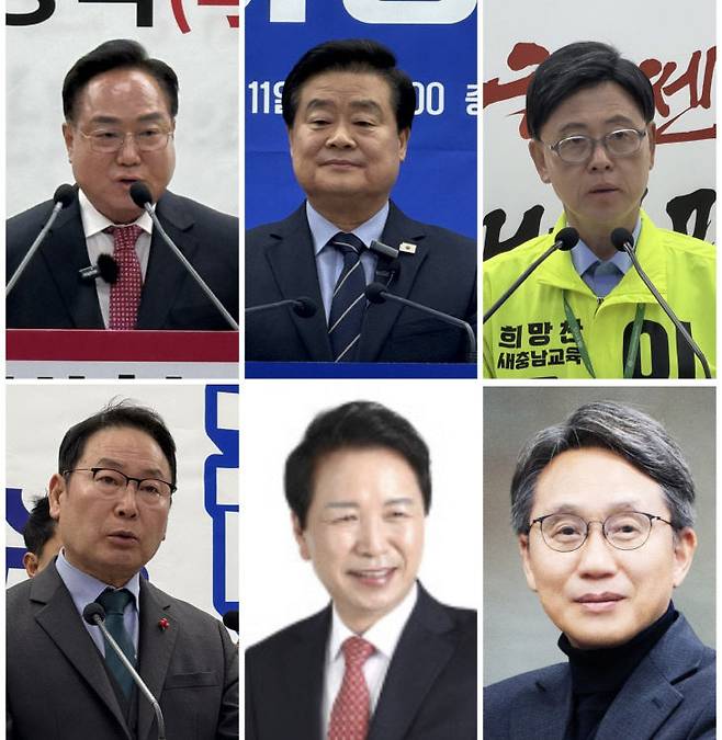 <왼쪽 위부터 시계방향> 이병학, 이병도, 이명수, 한상경, 명노희, 김영춘 충남교육감 예비후보. /사진=오현민 기자, 명노희·한상경 예비후보 캠프 제공