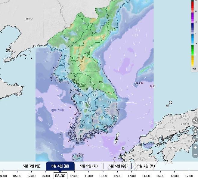 4일 오전 8시 기준 육상과 해상의 예상 풍속. 분홍색은 초속 10~35m의 강한 바람을, 남색은 초속 6~10m 수준의 바람을 의미한다. 기상청.