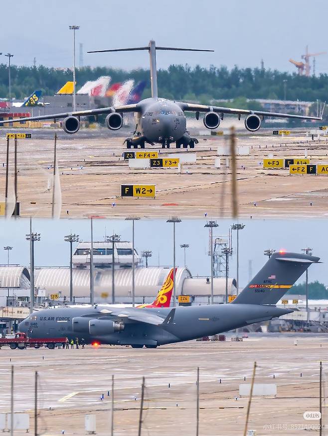 1일 미군 전략수송기 C-17 글로벌마스터Ⅲ가 베이징 서우두공항 계류장에 체류하는 사진이 중국 SNS에 유포됐다. 사진 웨이보 캡처