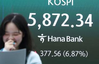 미국과 이란의 2주간 휴전 소식에 4월 8일 오후 코스피가 전날보다 377.56포인트(6.87%) 상승 마감한 종가가 서울 중구 하나은행 본점 딜링룸 전광판에 나오고 있다. 뉴스1