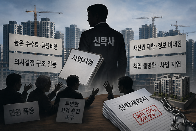 ▲신탁방식 재개발을 둘러싼 갈등을 형상화한 이미지. 신탁사 중심 사업 구조 속에서 높은 수수료·금융비용, 의사결정 갈등, 정보 비대칭, 책임 불명확 문제가 제기되는 가운데 주민들은 '투명한 사업 추진'을 요구하고 있다. AI생성이미지