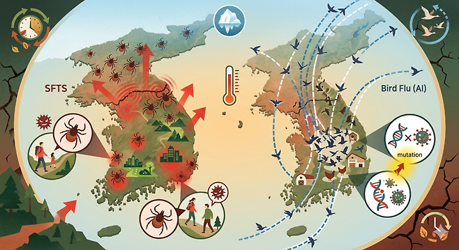 한반도의 감염병 지도가 흔들리고 있다. 조류 인플루엔자(AI)의 확산 양상 또한 기후의 변주에 맞춰 한층 교묘해지고 있다. (AI 생성 이미지)/뉴스펭귄