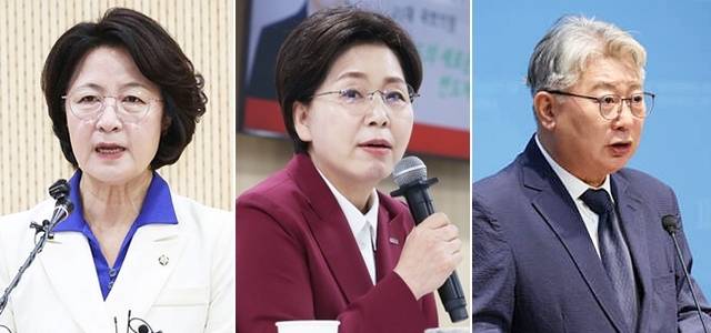 (왼쪽부터)추미애 더불어민주당 경기도지사 후보, 양향자 국민의힘 경기도지사 후보, 조응천 개혁신당 경기도지사 후보. 연합뉴스