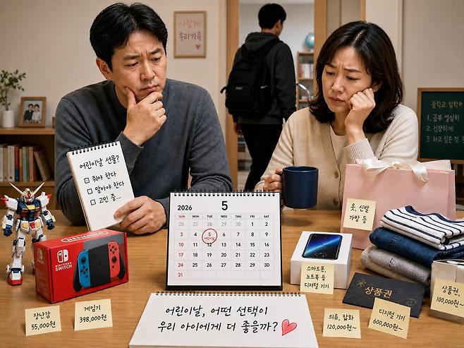 어린이날을 앞두고 맘카페를 비롯한 각종 온라인 커뮤니티에 자녀의 나이를 언급하며 선물을 줘야할지 고민된다는 글이 이어진다. 기사 이해를 돕기 위해 생성형 인공지능(AI) ‘챗GPT’로 생성한 이미지