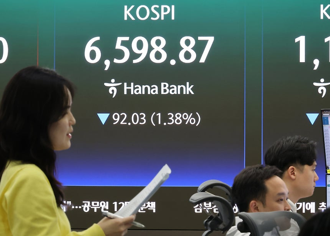 지난달 30일 서울 중구 하나은행 본점 딜링룸에 지수가 표시되고 있다. 이날 코스피는 전장 대비 92.03포인트(1.38%) 내린 6598.87로 장을 마쳤다. 연합뉴스
