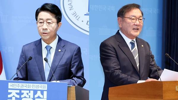 더불어민주당 조정식(왼쪽) 의원과 김태년 의원이 4일 국회 소통관에서 각각 국회의장 선거 출마 기자회견을 하고 있다. /연합뉴스