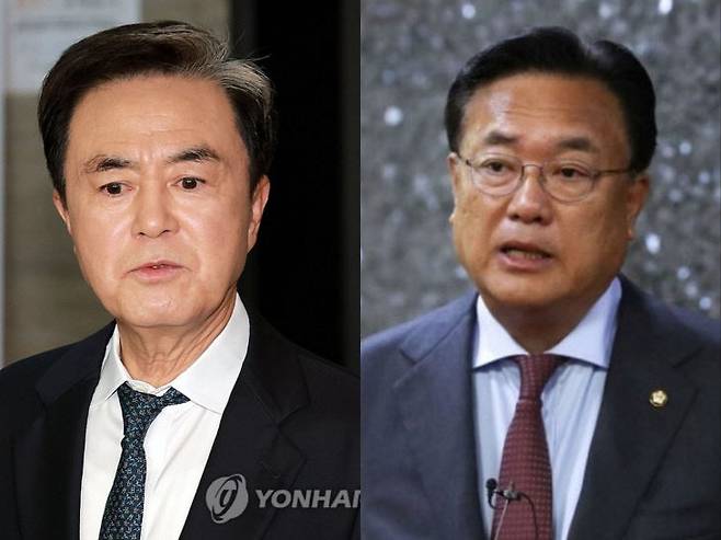 연합뉴스/ 국민의힘 김태흠 충남지사(사진 왼쪽)와 정진석 전 의원
