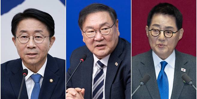 왼쪽부터 더불어민주당 조정식 의원, 김태년 의원, 박지원 의원. /연합뉴스, 뉴스1