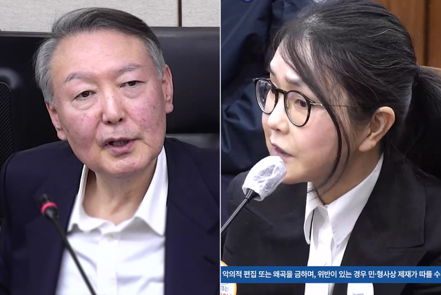 윤석열 전 대통령이 지난 2025년 12월 26일 오후 서울중앙지법에서 열린 특수공무집행방해·직권남용권리행사방해 등 혐의 사건의 결심 공판에서 최후 진술을 할 당시 모습, 전 영부인 김건희씨가 올해 4월 13일 서울중앙지법 형사합의33부 심리로 열린 박성재 전 법무장관의 내란 중요임무 종사 혐의 사건 속행공판에 증인으로 출석한 모습.[연합뉴스 사진·서울중앙지법 중계 영상 갈무리]