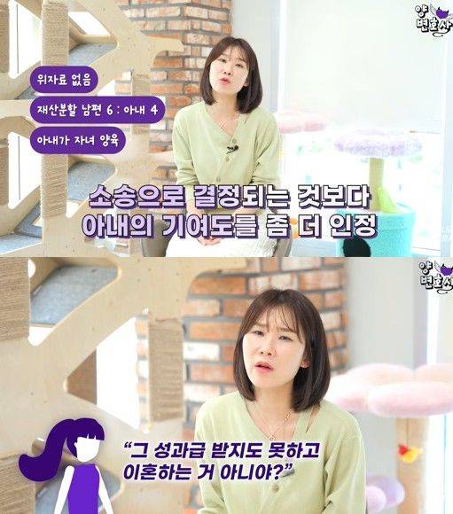 양나래 변호사가 소개된 사례에 대해 자녀 양육과 관련한 아내의 기여도를 인정해주기로 한 이혼 합의 과정을 설명하고 있다. (사진 출처=유튜브 '양나래 변호사' 캡처) /사진=뉴시스