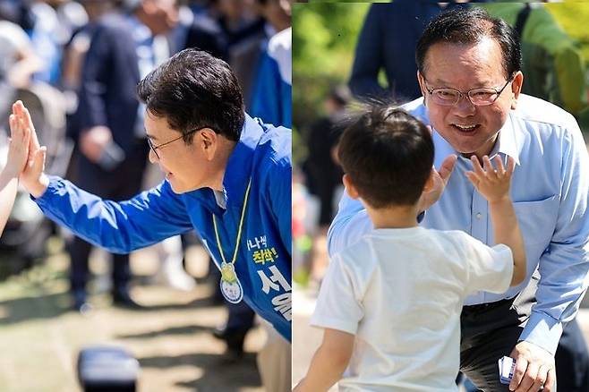 정원오 더불어민주당 서울시장 후보와 김부겸 더불어민주당 대구시장 후보가 5일 어린이날을 맞아 어린이들과 만난 모습. /사진=뉴스, 뉴시스