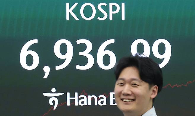 코스피가 5% 넘게 급등하며 사상 첫 6,900선을 돌파한 4일 오후 서울 중구 하나은행 딜링룸 전광판에 코스피 지수가 표시되고 있다. 이날 코스피는 전 거래일 대비 5.12% 오른 6,936.99, 코스닥은 1.79% 오른 1,213.74에 장을 마쳤다.
