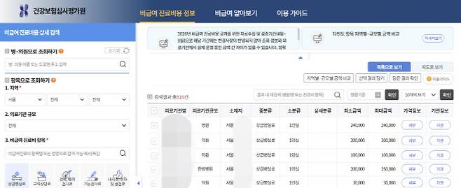 건강보험심사평가원 '비급여 진료비용 정보'(사진=심평원 홈페이지 갈무리)