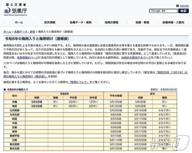 일본 기상청(JMA)이 공개한 올해 장마 속보 ⓒ 뉴스1