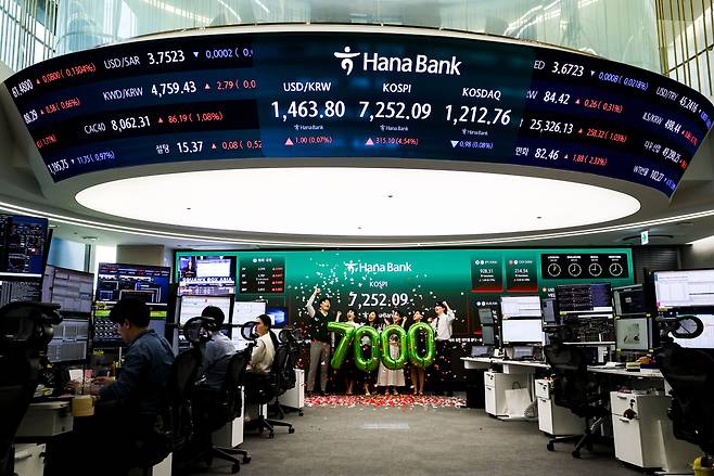 코스피가 7000을 돌파한 6일 서울 중구 하나은행 딜링룸에서 직원들이 7000 돌파 세리머니를 하고 있다.뉴시스