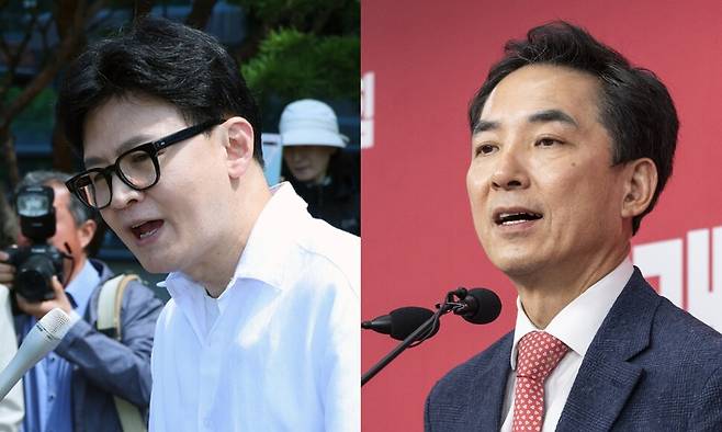 부산 북갑 국회의원 보궐선거에 나선 한동훈 무소속 후보(왼쪽)와 박민식 국민의힘 후보. 연합뉴스
